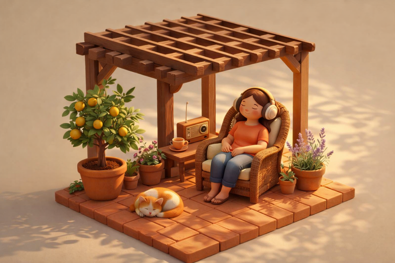 A tiny world: someone relaxing in a chair with headphones on, listening to French at home